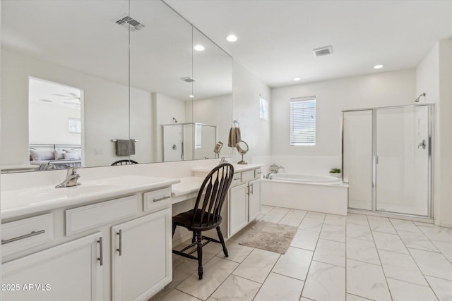 732 W Flintlock Way, Chandler, AZ 85286 - ensuite bathroom with a stall shower, vanity, a garden tub, recessed lighting, and marble finish floors