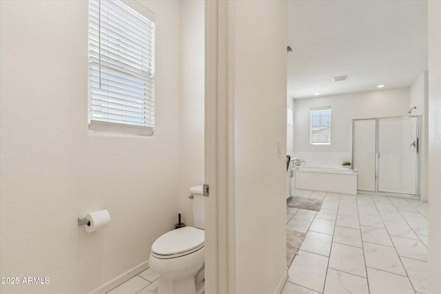 732 W Flintlock Way, Chandler, AZ 85286 - bathroom with toilet, a shower stall, a garden tub, marble finish flooring, and baseboards