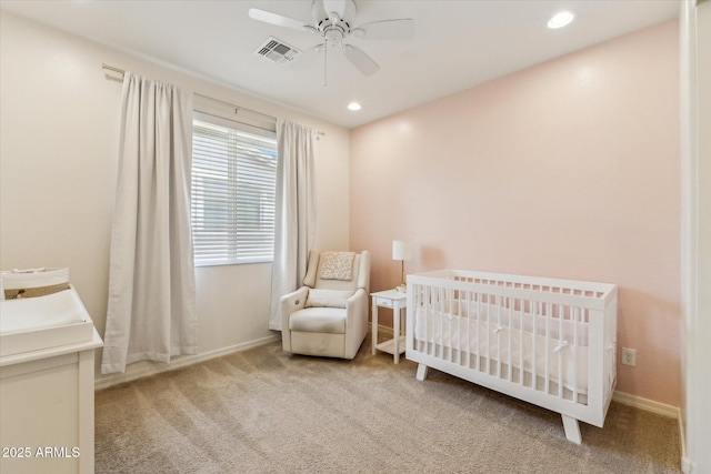 732 W Flintlock Way, Chandler, AZ 85286 - bedroom featuring carpet, a crib, baseboards, ceiling fan, and recessed lighting
