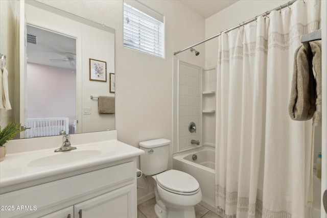 732 W Flintlock Way, Chandler, AZ 85286 - bathroom with ceiling fan, vanity, shower / tub combo, toilet, and tile patterned floors