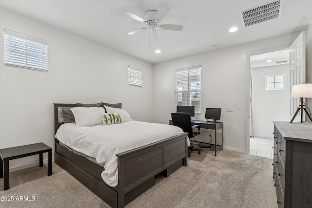 732 W Flintlock Way, Chandler, AZ 85286 - bedroom with light colored carpet, a desk, recessed lighting, baseboards, and a ceiling fan