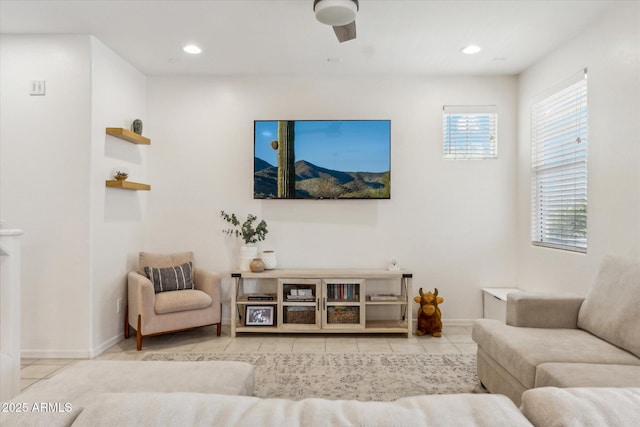 732 W Flintlock Way, Chandler, AZ 85286 - tiled living room featuring baseboards, recessed lighting, and a ceiling fan