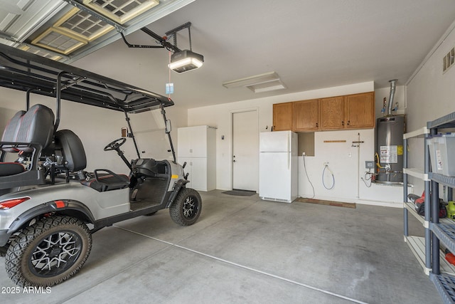 4497 E Ficus Way, Gilbert, AZ 85298 - garage with water heater, a garage door opener, freestanding refrigerator, and visible vents