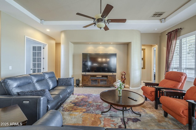 4497 E Ficus Way, Gilbert, AZ 85298 - living room with a ceiling fan, visible vents, and recessed lighting
