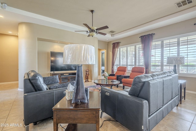 4497 E Ficus Way, Gilbert, AZ 85298 - living area with baseboards, a ceiling fan, light tile patterned flooring, and visible vents