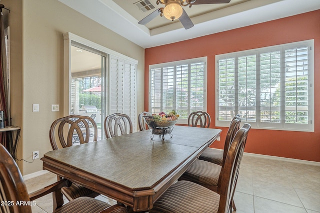 4497 E Ficus Way, Gilbert, AZ 85298 - dining room featuring a raised ceiling, plenty of natural light, a ceiling fan, and visible vents