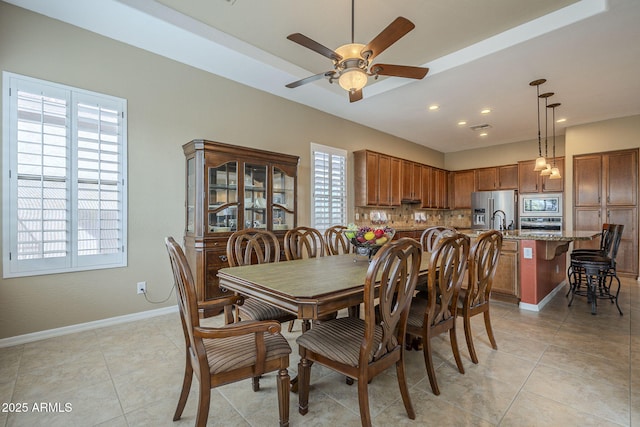 4497 E Ficus Way, Gilbert, AZ 85298 - dining room featuring baseboards, recessed lighting, ceiling fan, and light tile patterned flooring