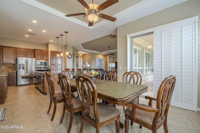 4497 E Ficus Way, Gilbert, AZ 85298 - dining room with visible vents, recessed lighting, a tray ceiling, a ceiling fan, and light tile patterned floors