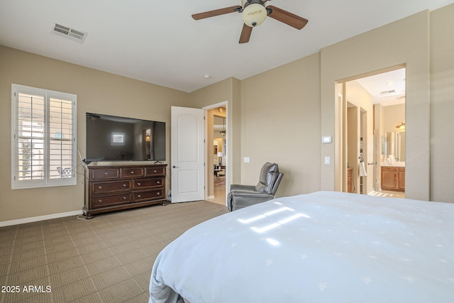 4497 E Ficus Way, Gilbert, AZ 85298 - bedroom featuring ceiling fan, visible vents, baseboards, connected bathroom, and carpet