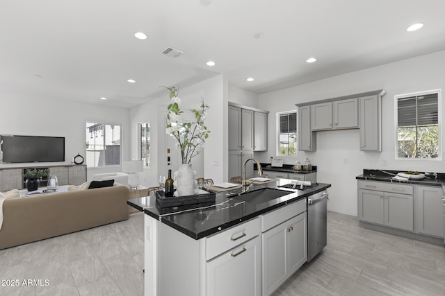 2149 W Rowel Rd, Phoenix, AZ 85085 - kitchen featuring recessed lighting, dishwasher, a sink, gray cabinetry, and visible vents