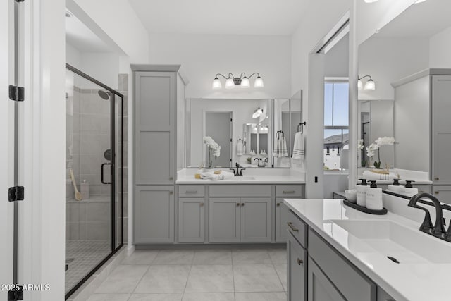 2149 W Rowel Rd, Phoenix, AZ 85085 - bathroom featuring a stall shower, two vanities, a sink, and tile patterned floors