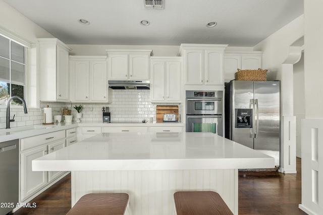 kitchen featuring under cabinet range hood, appliances with stainless steel finishes, white cabinets, and a sink