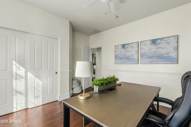 office area featuring visible vents, dark wood finished floors, and a ceiling fan