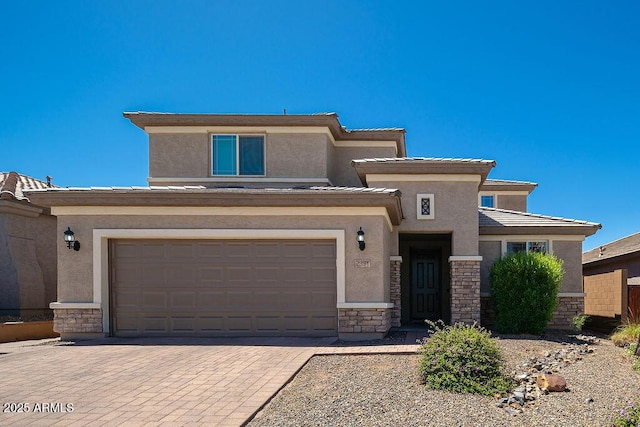 2321 W Brookhart Way, Phoenix, AZ 85085 - prairie-style home featuring stucco siding, stone siding, and decorative driveway