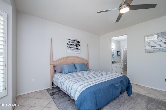 19892 N Shadow Mountain Dr, Surprise, AZ 85374 - bedroom featuring connected bathroom, a ceiling fan, baseboards, and light tile patterned floors