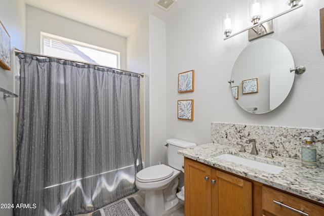 19892 N Shadow Mountain Dr, Surprise, AZ 85374 - bathroom featuring visible vents, tile patterned flooring, vanity, toilet, and shower / bathtub combination with curtain