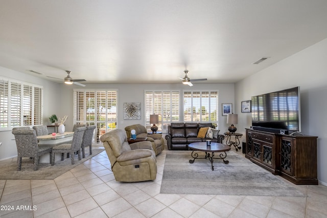 19892 N Shadow Mountain Dr, Surprise, AZ 85374 - living area featuring visible vents, plenty of natural light, ceiling fan, and light tile patterned floors