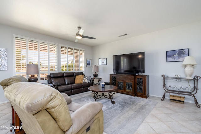19892 N Shadow Mountain Dr, Surprise, AZ 85374 - living area with light tile patterned floors, baseboards, ceiling fan, and visible vents