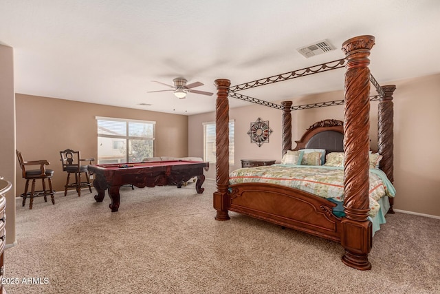 bedroom with ceiling fan, pool table, and carpet