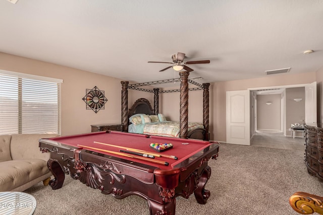 game room with ceiling fan, carpet flooring, and pool table