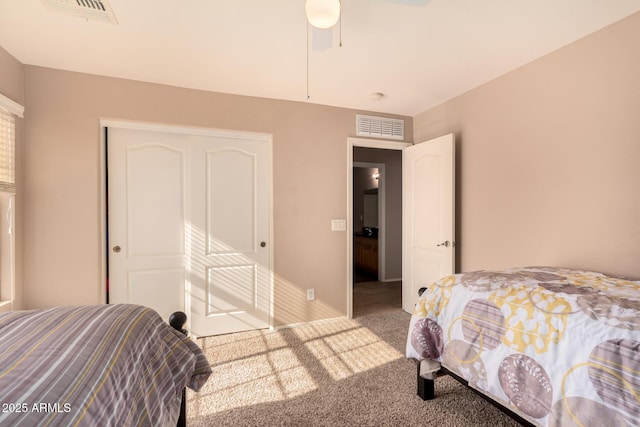 bedroom featuring ceiling fan and carpet flooring