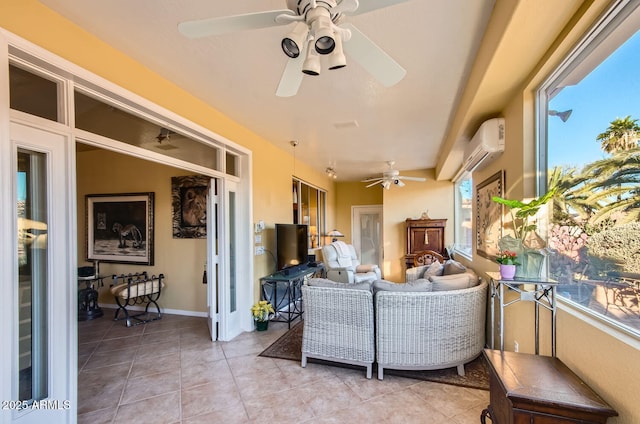 exterior space featuring ceiling fan, outdoor lounge area, and a wall unit AC