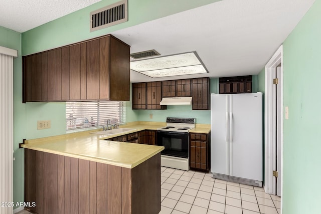 4062 W Mescal St, Phoenix, AZ 85029 - kitchen featuring freestanding refrigerator, electric range, a sink, under cabinet range hood, and a peninsula