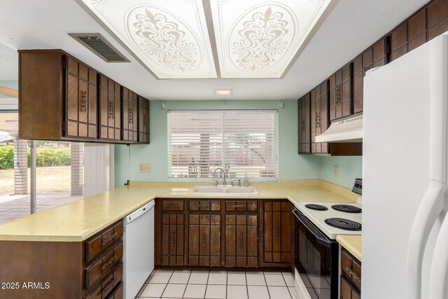 4062 W Mescal St, Phoenix, AZ 85029 - kitchen featuring white appliances, a sink, under cabinet range hood, light countertops, and dark brown cabinetry