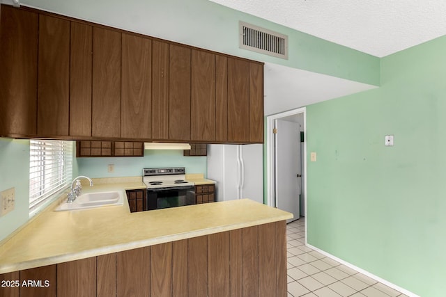 4062 W Mescal St, Phoenix, AZ 85029 - kitchen featuring a sink, range with electric cooktop, freestanding refrigerator, ventilation hood, and light countertops