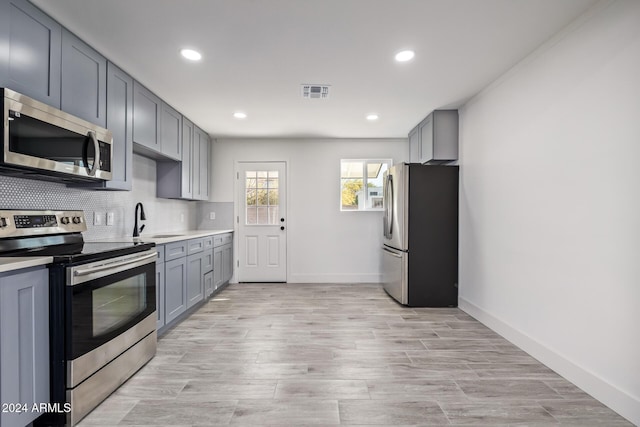 kitchen with sink, decorative backsplash, gray cabinets, appliances with stainless steel finishes, and light hardwood / wood-style floors