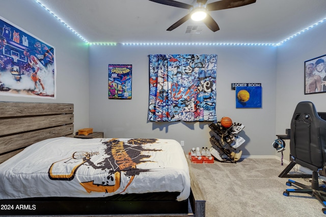 carpeted bedroom featuring ceiling fan