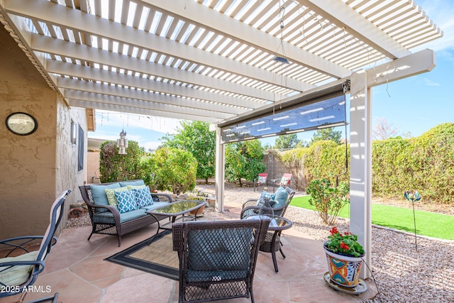 view of patio / terrace with outdoor lounge area and a pergola