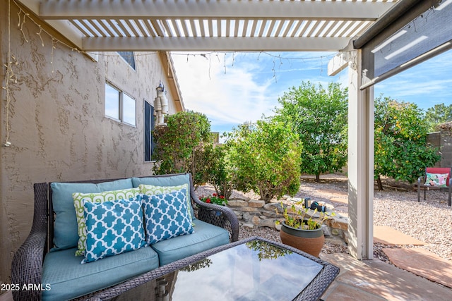 view of patio / terrace with an outdoor hangout area and a pergola