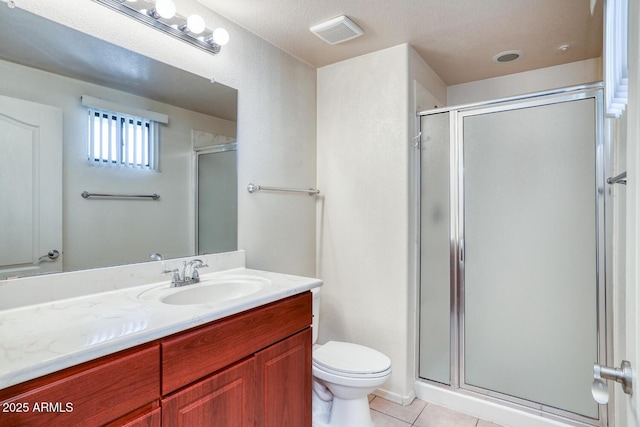 bathroom with tile patterned flooring, toilet, visible vents, vanity, and a stall shower