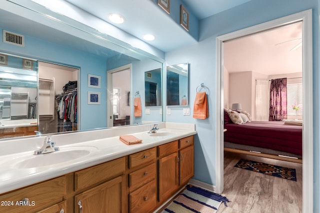 bathroom with hardwood / wood-style floors and vanity