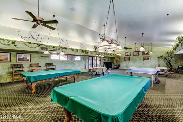 playroom featuring ceiling fan, carpet, pool table, and high vaulted ceiling