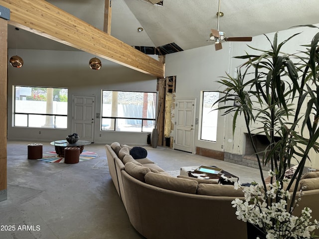 3738 E Kachina Dr, Phoenix, AZ 85044 - living area featuring high vaulted ceiling, concrete floors, and ceiling fan