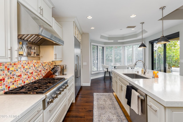 kitchen with appliances with stainless steel finishes, decorative light fixtures, sink, decorative backsplash, and a raised ceiling