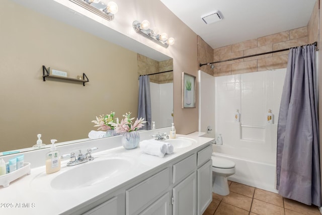 6430 E Riverdale St, Mesa, AZ 85215 - bathroom featuring shower / bath combo with shower curtain, double vanity, toilet, and tile patterned flooring