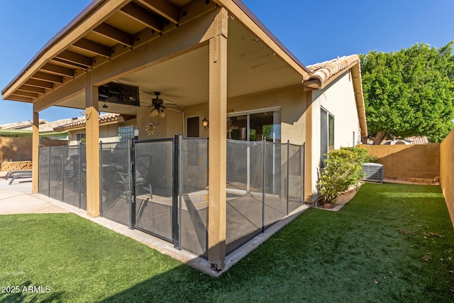 6430 E Riverdale St, Mesa, AZ 85215 - rear view of house featuring a patio area, ceiling fan, stucco siding, cooling unit, and a tiled roof