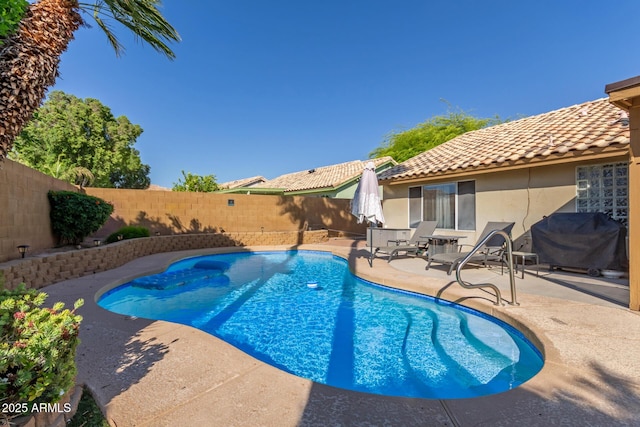 6430 E Riverdale St, Mesa, AZ 85215 - view of swimming pool with a fenced backyard, a patio, and a grill