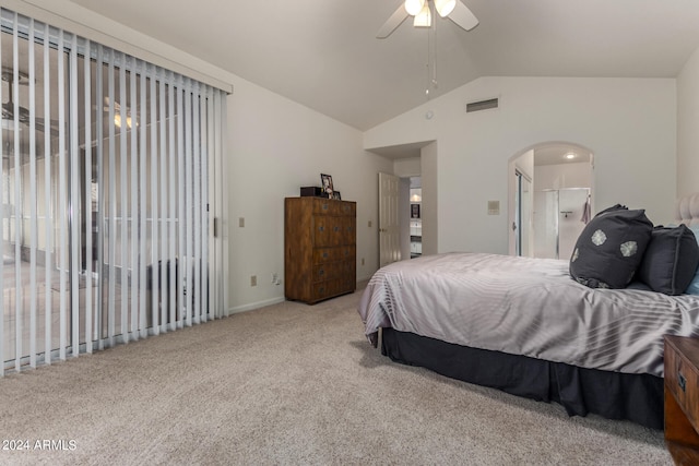 bedroom featuring ceiling fan, vaulted ceiling, access to exterior, and carpet floors