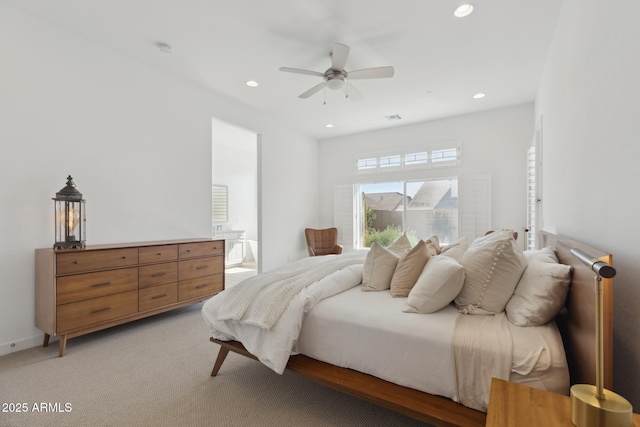 bedroom with light carpet, ceiling fan, visible vents, and recessed lighting