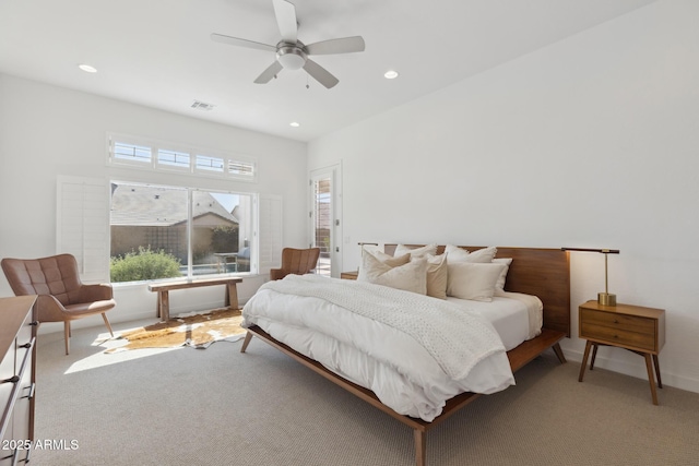 carpeted bedroom with baseboards, a ceiling fan, visible vents, and recessed lighting