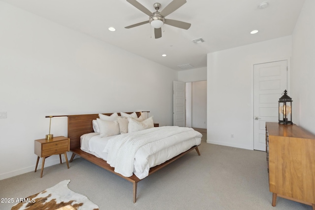 bedroom featuring light carpet, baseboards, visible vents, and recessed lighting