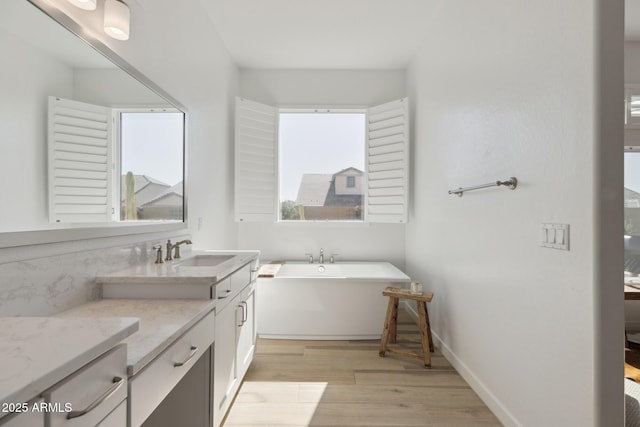 bathroom with a soaking tub, plenty of natural light, wood finished floors, and vanity