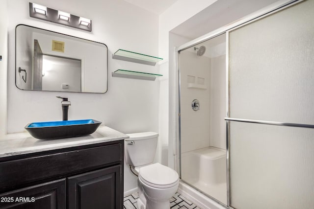 full bath featuring vanity, toilet, and a stall shower