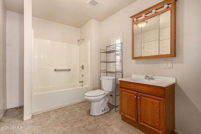 full bath featuring tub / shower combination, toilet, vanity, and visible vents