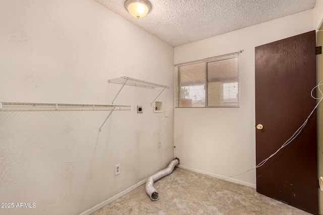 laundry room featuring baseboards, electric dryer hookup, laundry area, a textured ceiling, and hookup for a washing machine