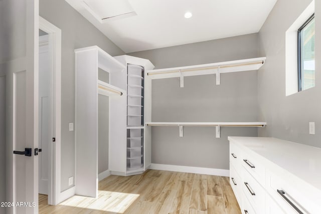 walk in closet with light wood-type flooring